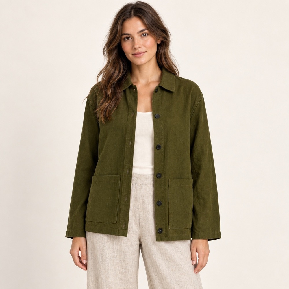 Quince European 100% Linen Chore Jacket Martini Olive Green Women Size M NEW